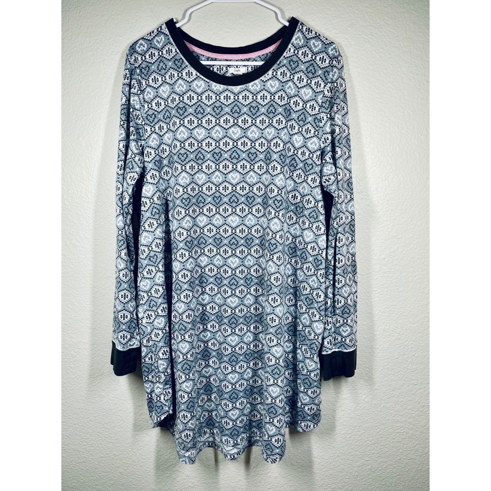 Layla Women's L Gray White Long Sleeve Tunic Top Fair Isle Print Casual lounge